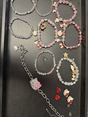 Hello Kitty Pink and Clear Beaded Charm Bracelet Set, earrings also